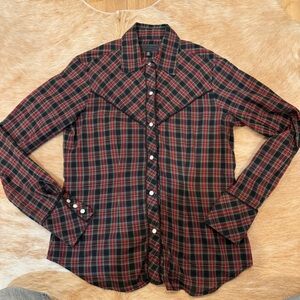 Nili Lotan Western Blouse XS Red Check Pearl Snaps EUC